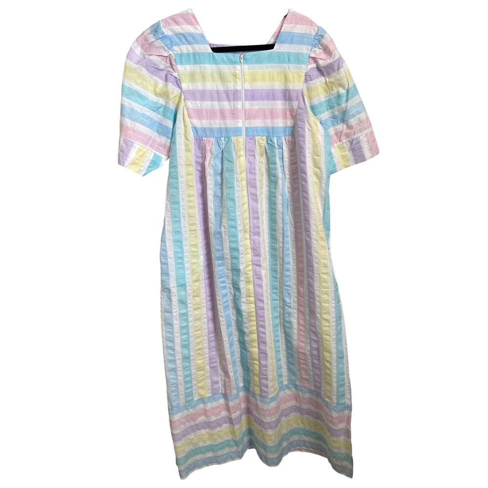 Styled by Saybury Pastel Rainbow Stripe Seersucker House Dress Maxi Pockets‎ L